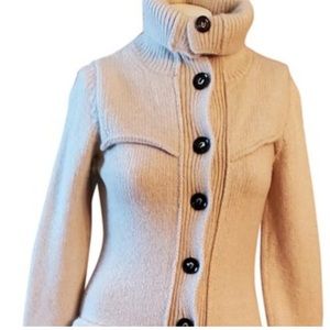 Camel Turtleneck Burberry Cardigan XS virgin wool SOFT logo buttons belt pockets